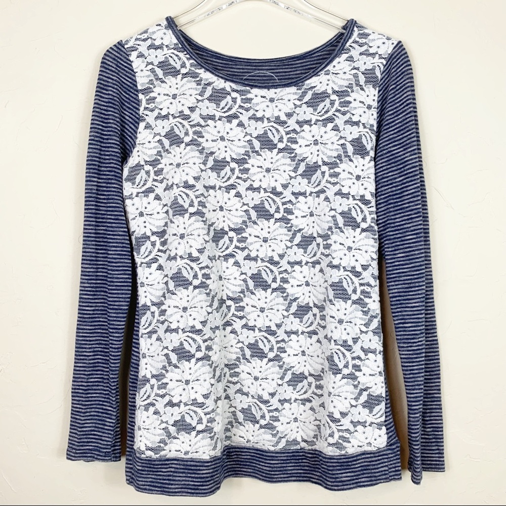 INC. Lacey Lace LS Stripes Tee Top M